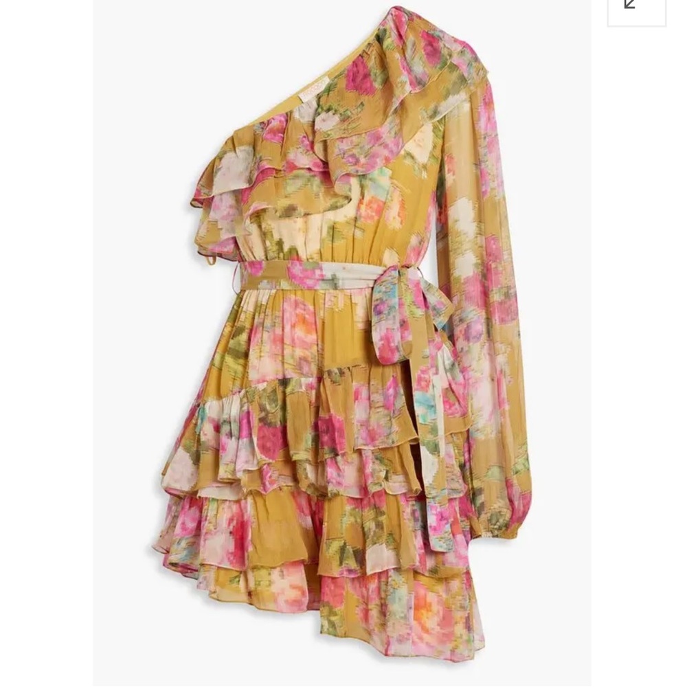Rococo Sand Avar One Shoulder Floral Tiered Ruffle Mini Dress